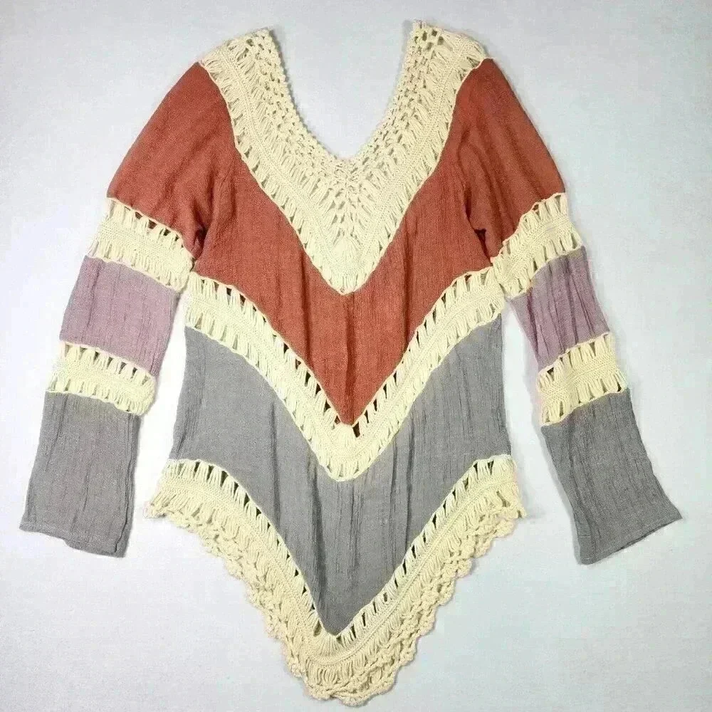 Women's Crochet Crinkle V-Neck Tunic Hippie BOHO Peasant‎ Coverup Earthy Blouse